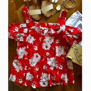 Worn once!!! Red Floral Cold Shoulder  Blouse